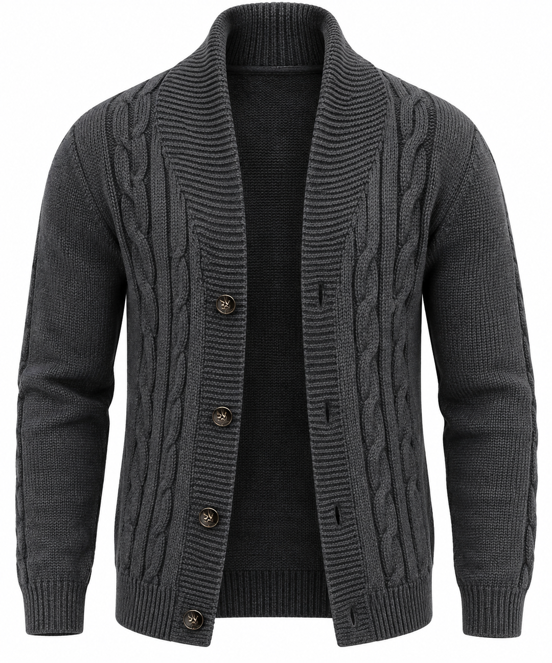 Herren-Strickjacke mit Zopfmuster, Schalkragen und Knöpfen – Gauthier