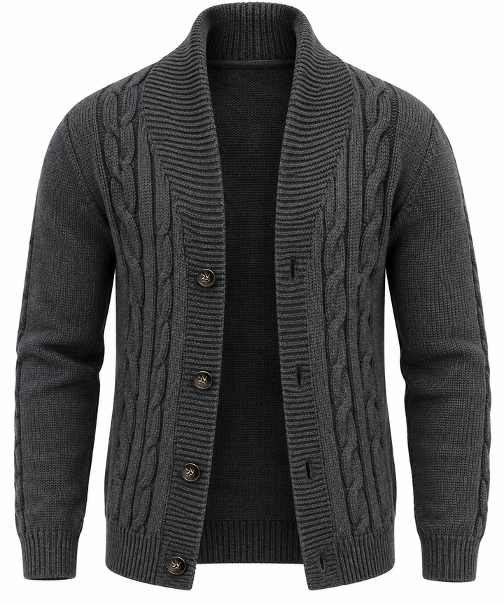 Herren-Strickjacke mit Zopfmuster, Schalkragen und Knöpfen – Gauthier
