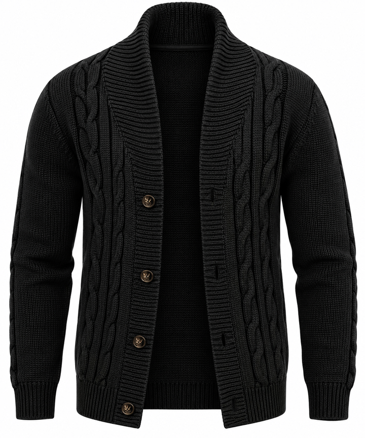 Herren-Strickjacke mit Zopfmuster, Schalkragen und Knöpfen – Gauthier