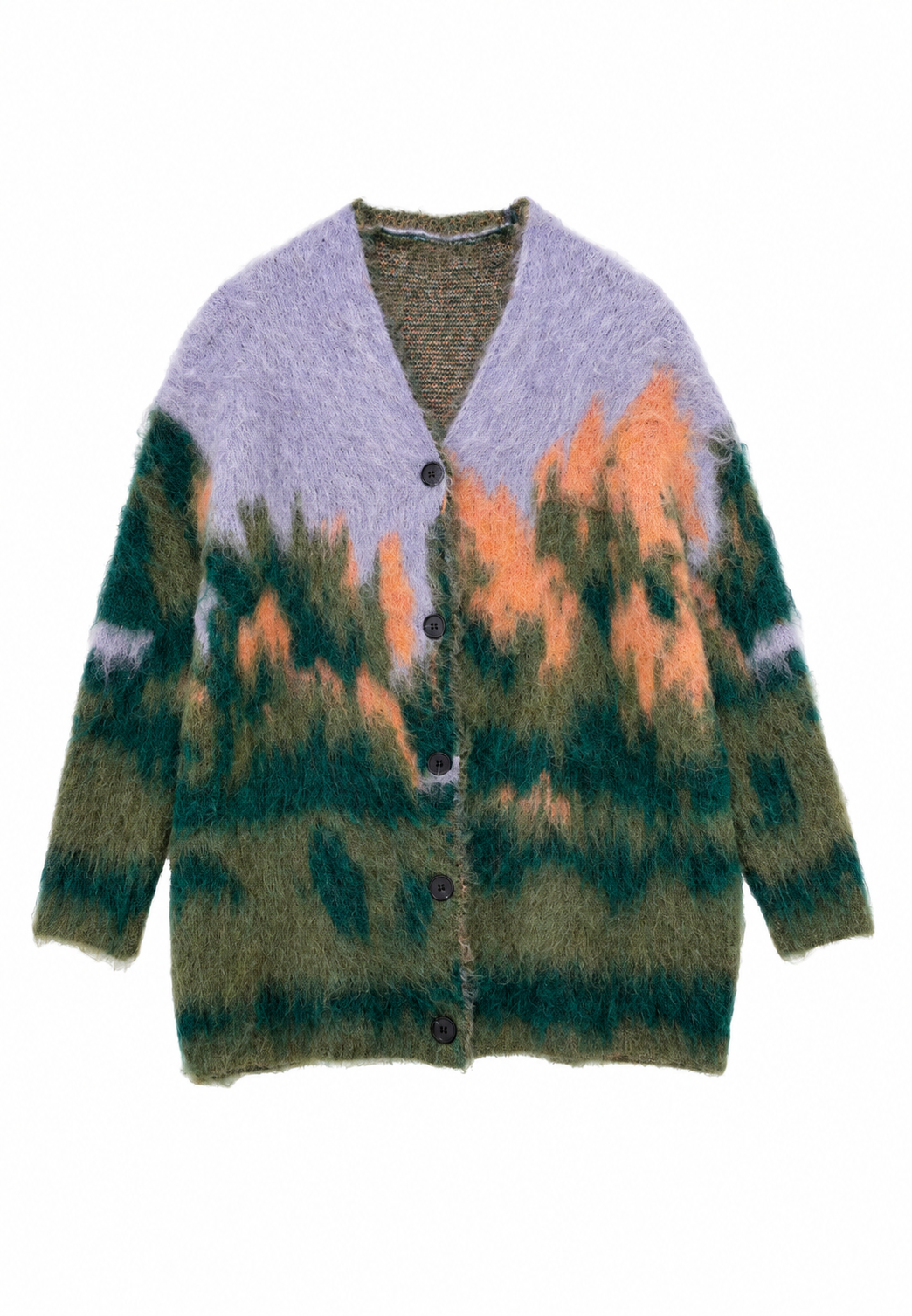 Damen langer Cardigan aus meliertem Strick mit abstraktem Muster - Marzena