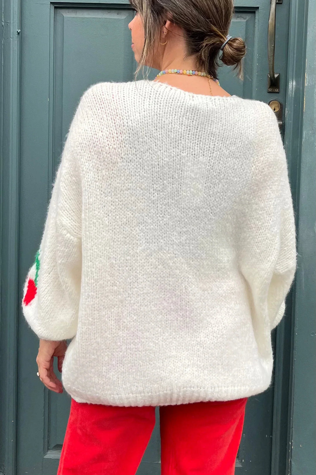 Mohair-Strickjacke mit Schlingenmuster vorne und Kirschmotiv – Fenja
