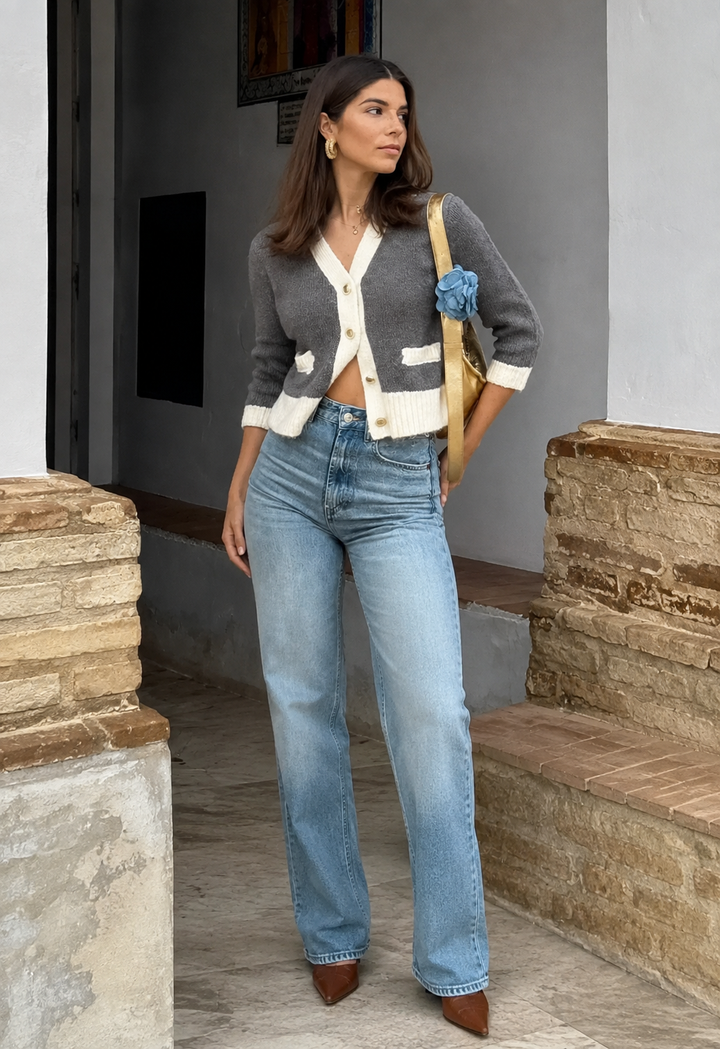 Damen-Strickjacke mit V-Ausschnitt, Knöpfen und kontrastierenden Details – Elva