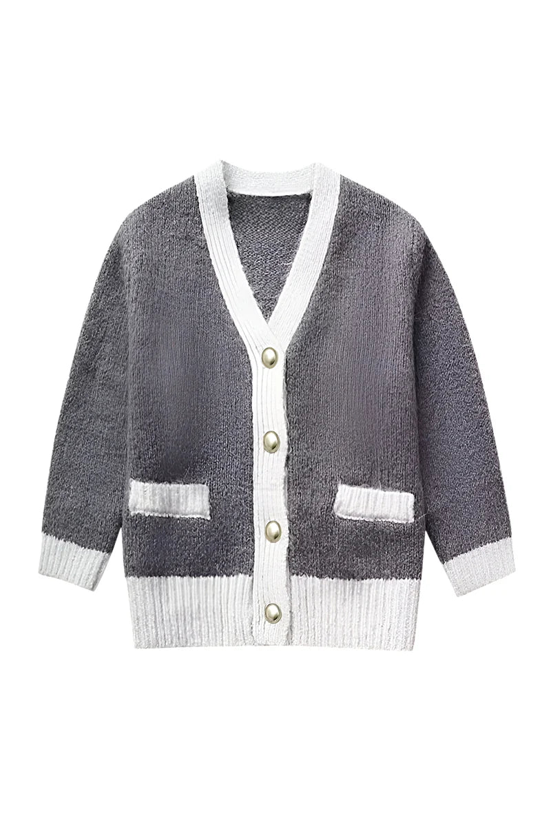 Damen-Strickjacke mit V-Ausschnitt, Knöpfen und kontrastierenden Details – Elva