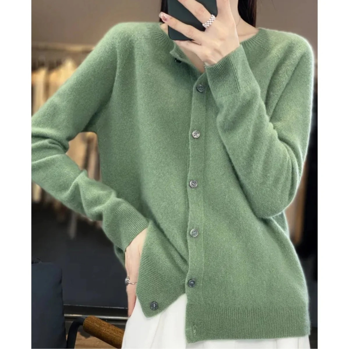 Damen-Strickjacke mit Rundhalsausschnitt und Knöpfen vorne – Lauffy