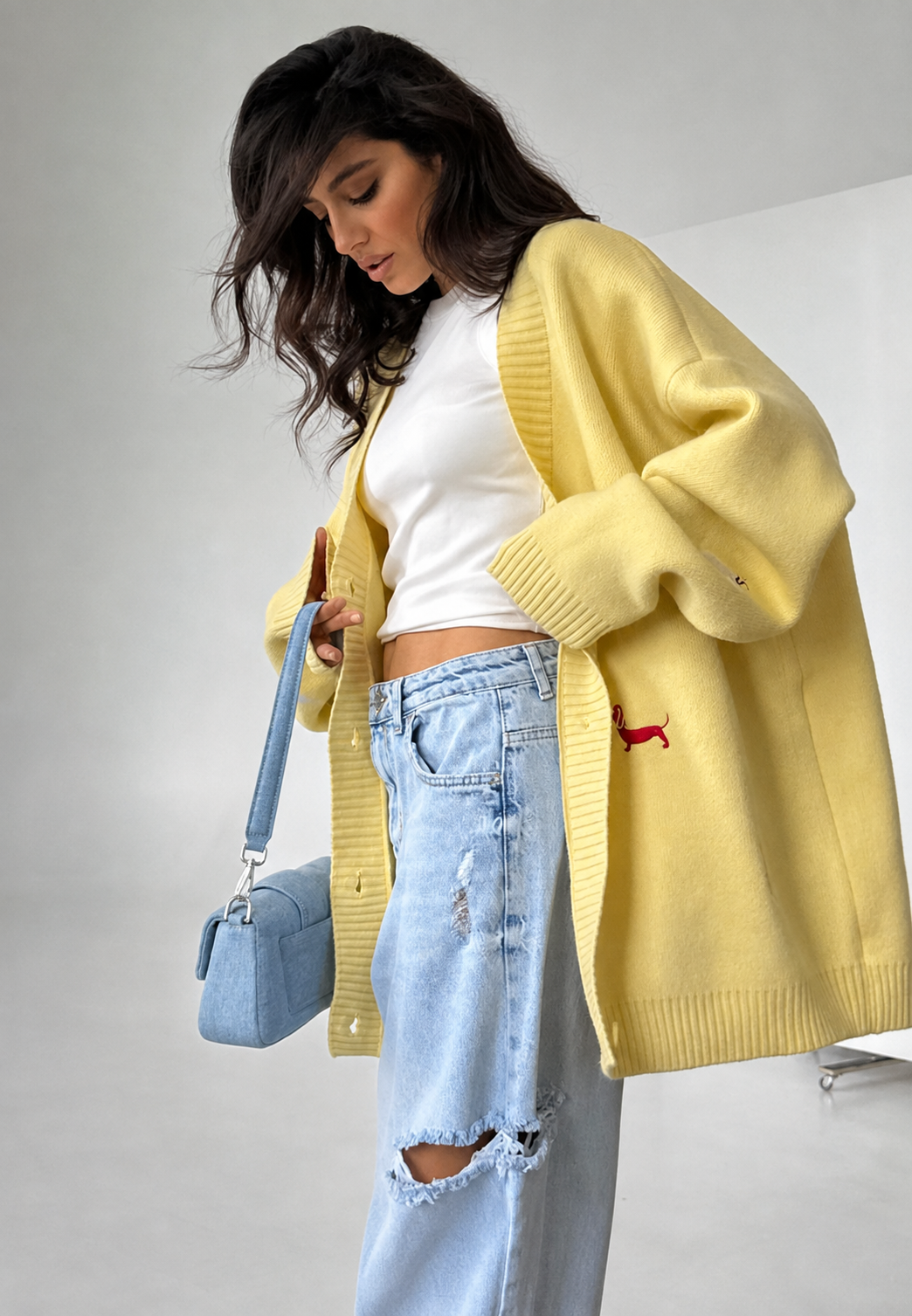 Oversize-Strickjacke für Damen mit V-Ausschnitt, Knöpfen und Dackelmotiven – Marlis