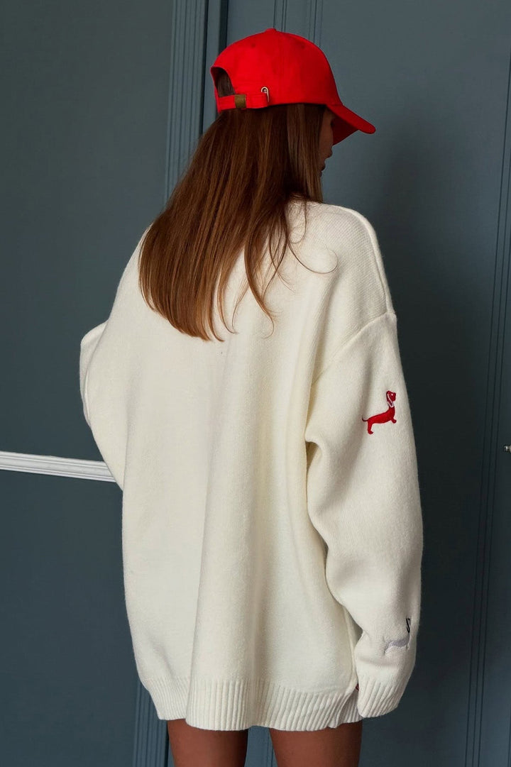 Oversize-Strickjacke für Damen mit V-Ausschnitt, Knöpfen und Dackelmotiven – Marlis