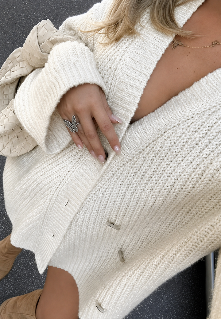 Oversize-Strickjacke für Damen, grob gestrickt, V-Ausschnitt, Knöpfe – Eilika