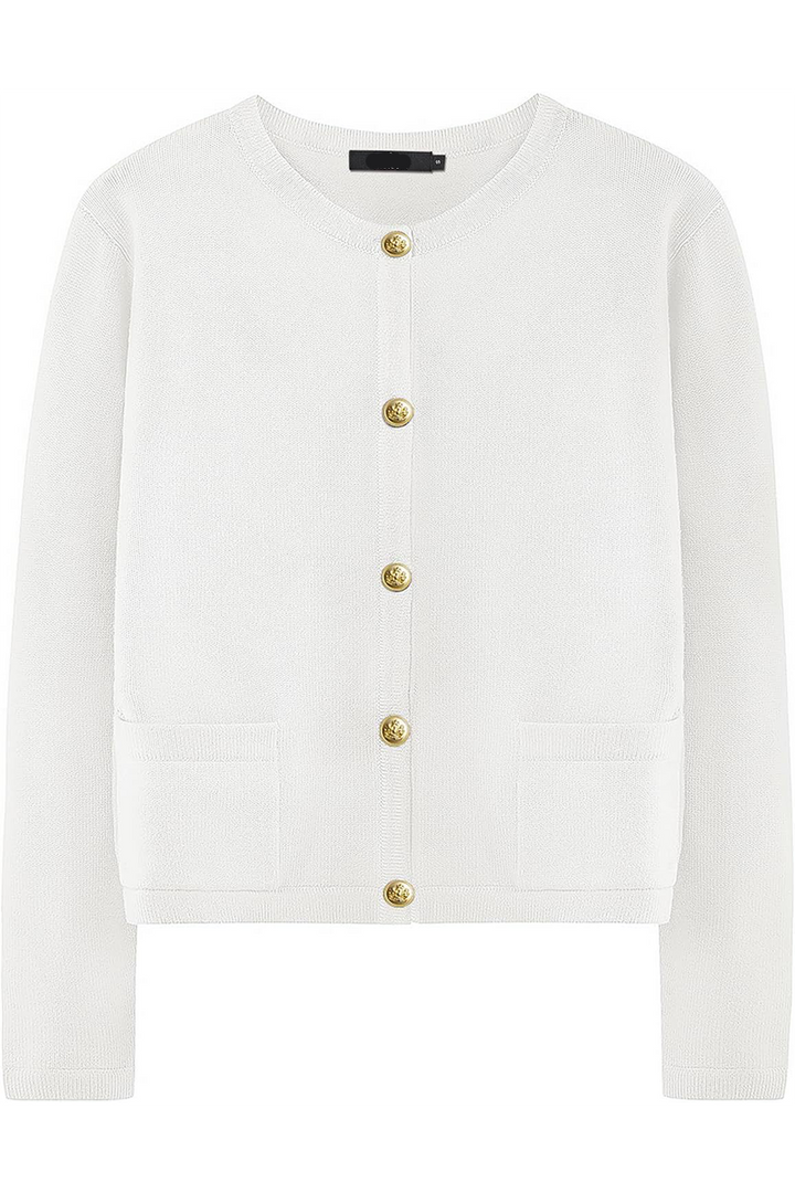 Damen-Strickjacke mit Rundhalsausschnitt, Knöpfen und Taschen – Sorelia
