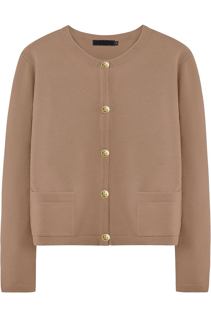 Damen-Strickjacke mit Rundhalsausschnitt, Knöpfen und Taschen – Sorelia