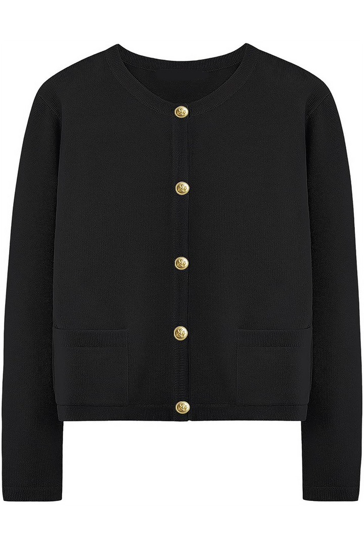 Damen-Strickjacke mit Rundhalsausschnitt, Knöpfen und Taschen – Sorelia