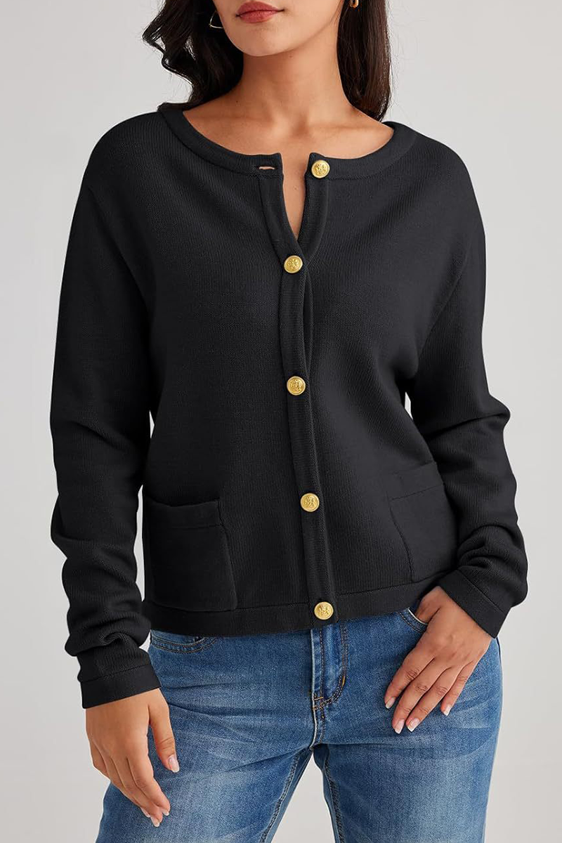 Damen-Strickjacke mit Rundhalsausschnitt, Knöpfen und Taschen – Sorelia