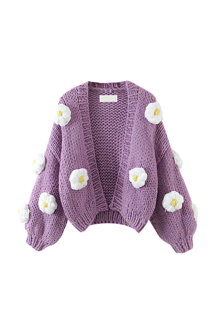 Damen-Strickjacke aus grobem Strick mit Blumenapplikationen und Puffärmeln – Mulinne