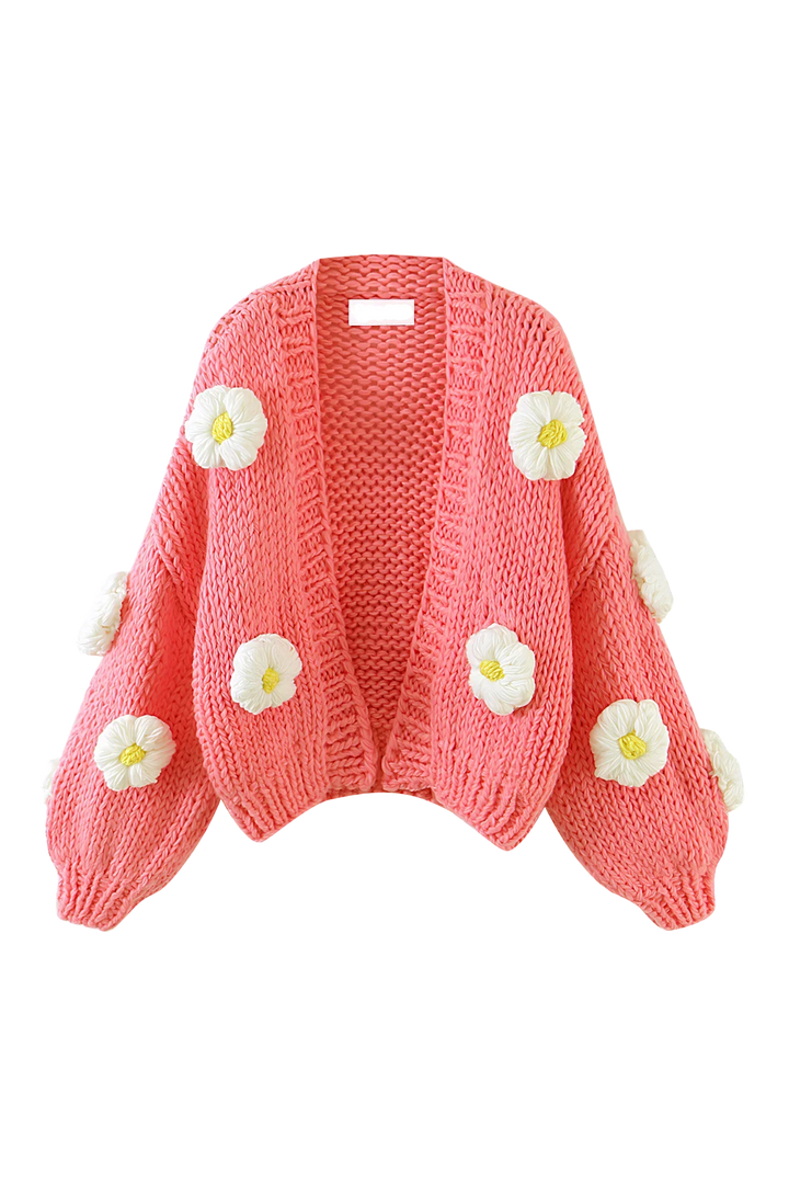 Damen-Strickjacke aus grobem Strick mit Blumenapplikationen und Puffärmeln – Mulinne
