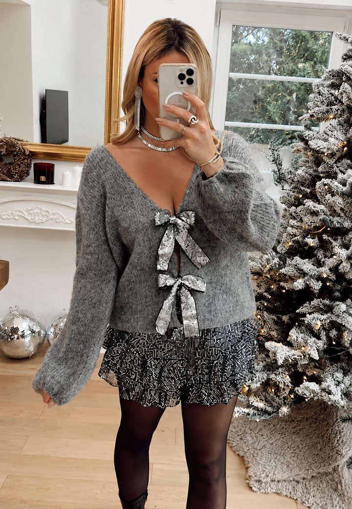 Damen-Strickjacke mit glitzernden Schleifen und V-Ausschnitt – Coronas