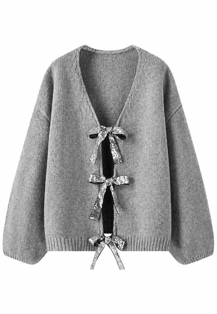 Damen-Strickjacke mit glitzernden Schleifen und V-Ausschnitt – Coronas
