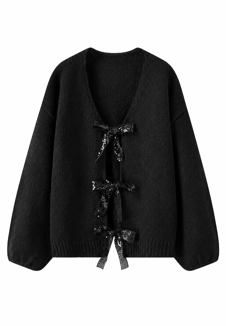 Damen-Strickjacke mit glitzernden Schleifen und V-Ausschnitt – Coronas