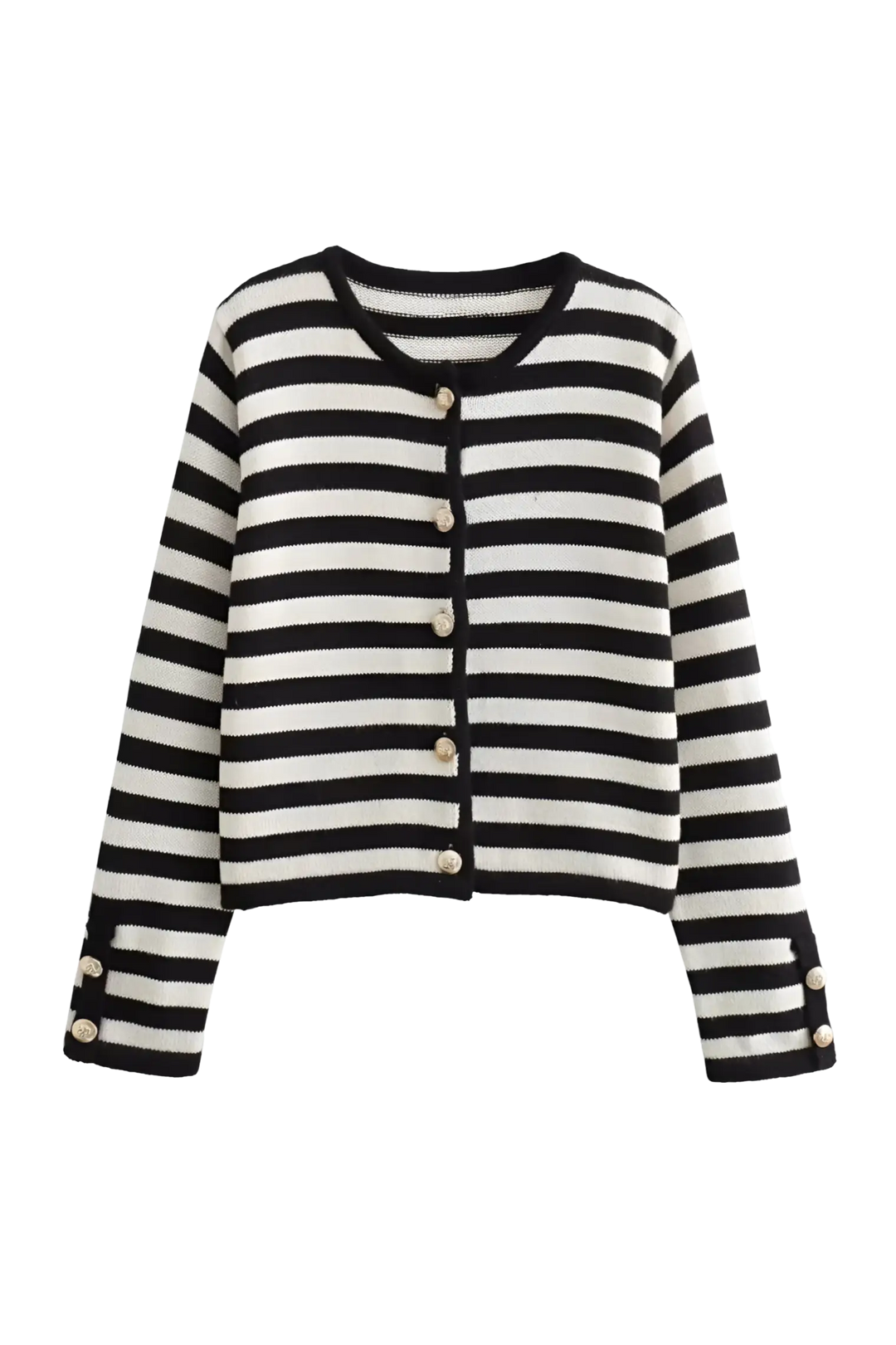 Damen-Strickjacke mit zweifarbigen Streifen, langen Ärmeln und Metallknöpfen – Liora