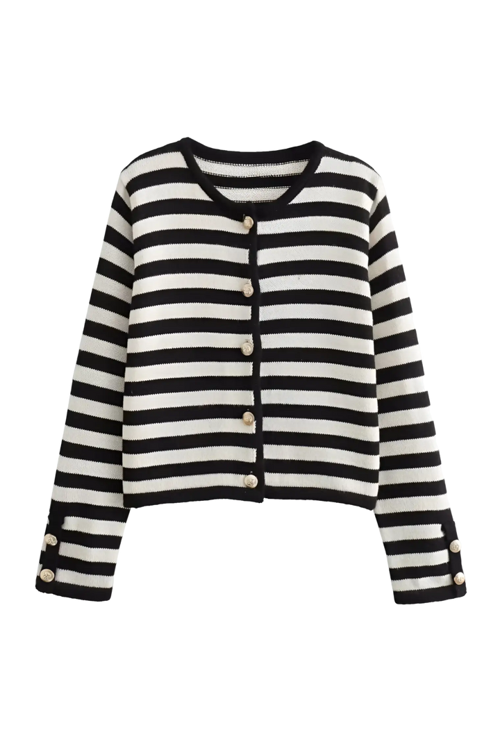 Damen-Strickjacke mit zweifarbigen Streifen, langen Ärmeln und Metallknöpfen – Liora