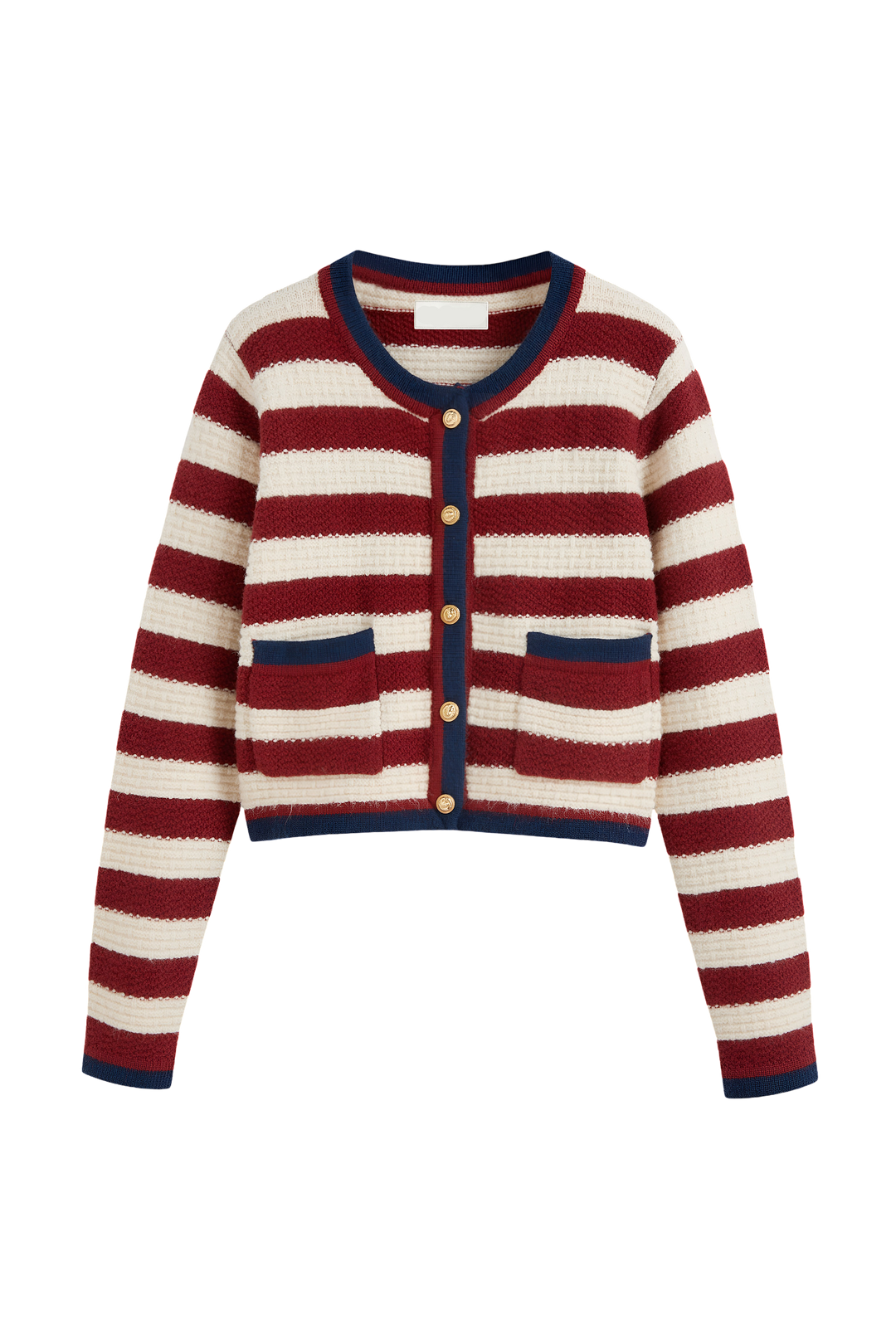 Damen-Strickjacke mit Streifen, Metallknöpfen und kontrastfarbenen Paspeln – Pastinne