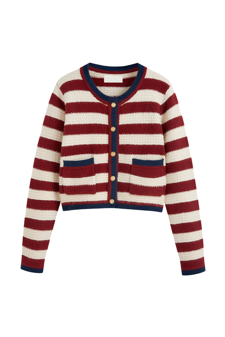 Damen-Strickjacke mit Streifen, Metallknöpfen und kontrastfarbenen Paspeln – Pastinne