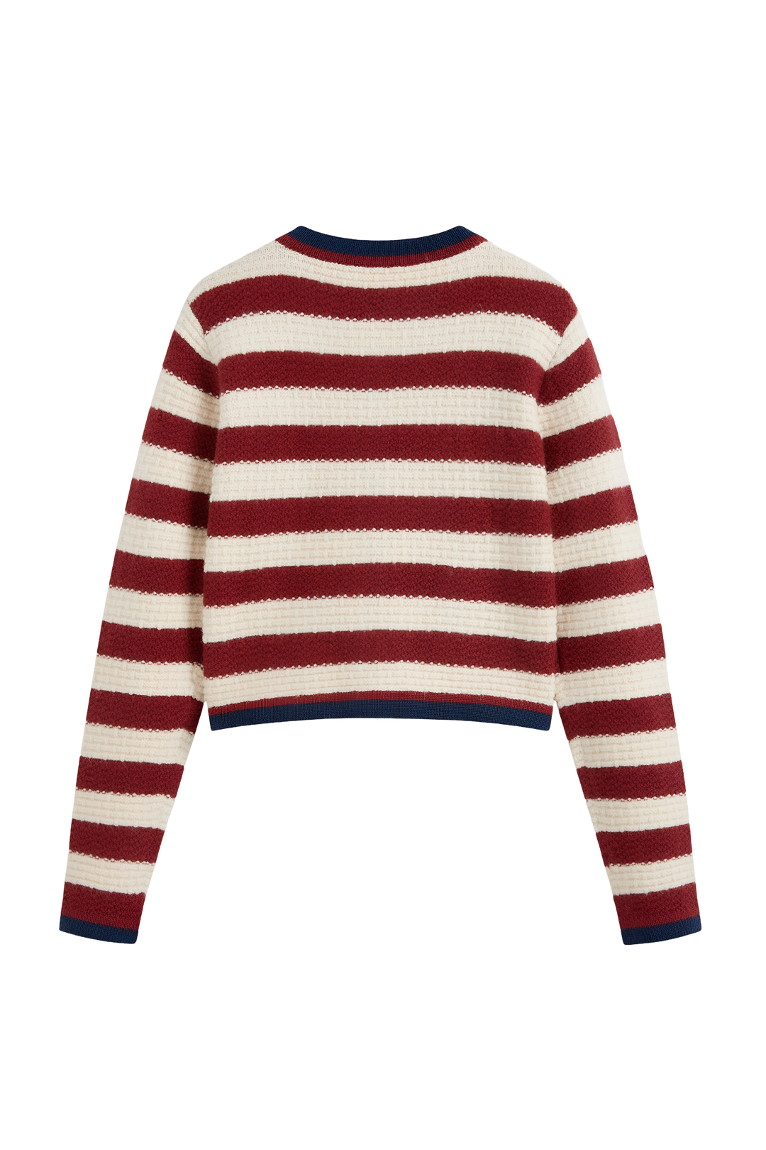 Damen-Strickjacke mit Streifen, Metallknöpfen und kontrastfarbenen Paspeln – Pastinne