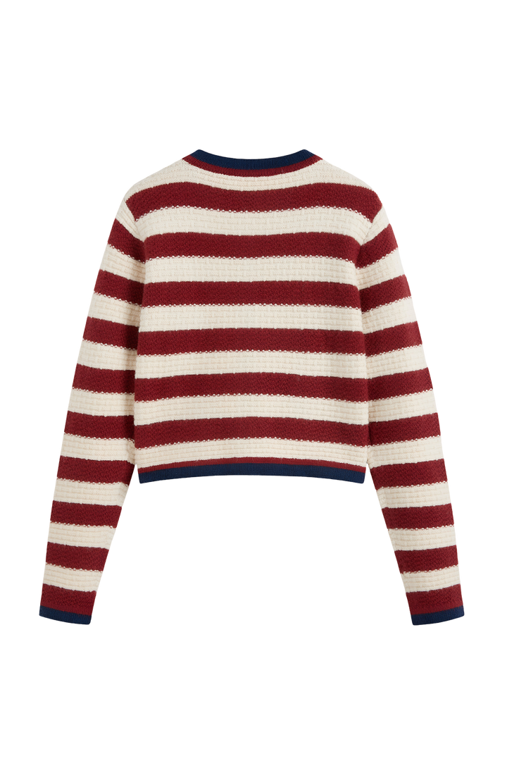 Damen-Strickjacke mit Streifen, Metallknöpfen und kontrastfarbenen Paspeln – Pastinne