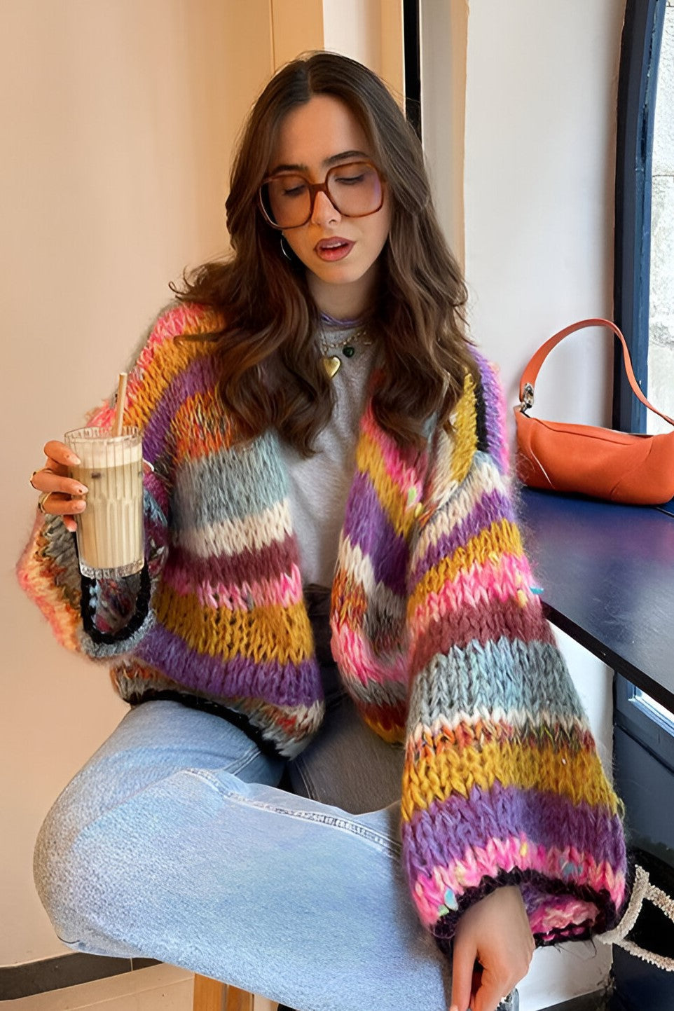 Oversize-Strickjacke aus grobem Strick mit bunten Streifen – Tifanny