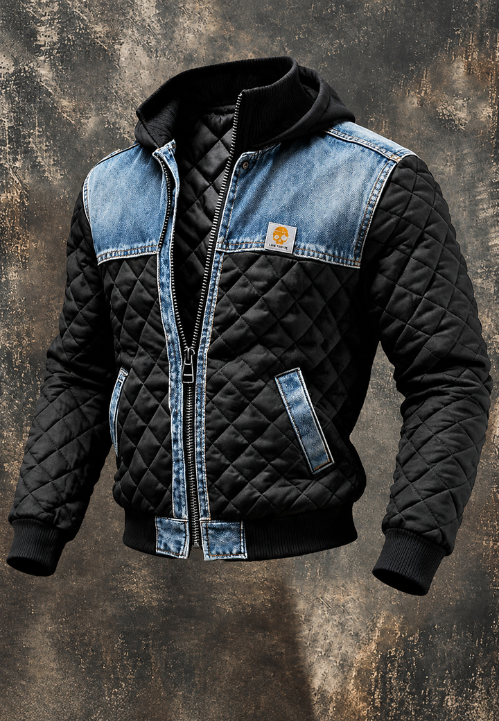 Gesteppte Herrenjacke mit Kapuze und Denim-Einsätzen – Lex
