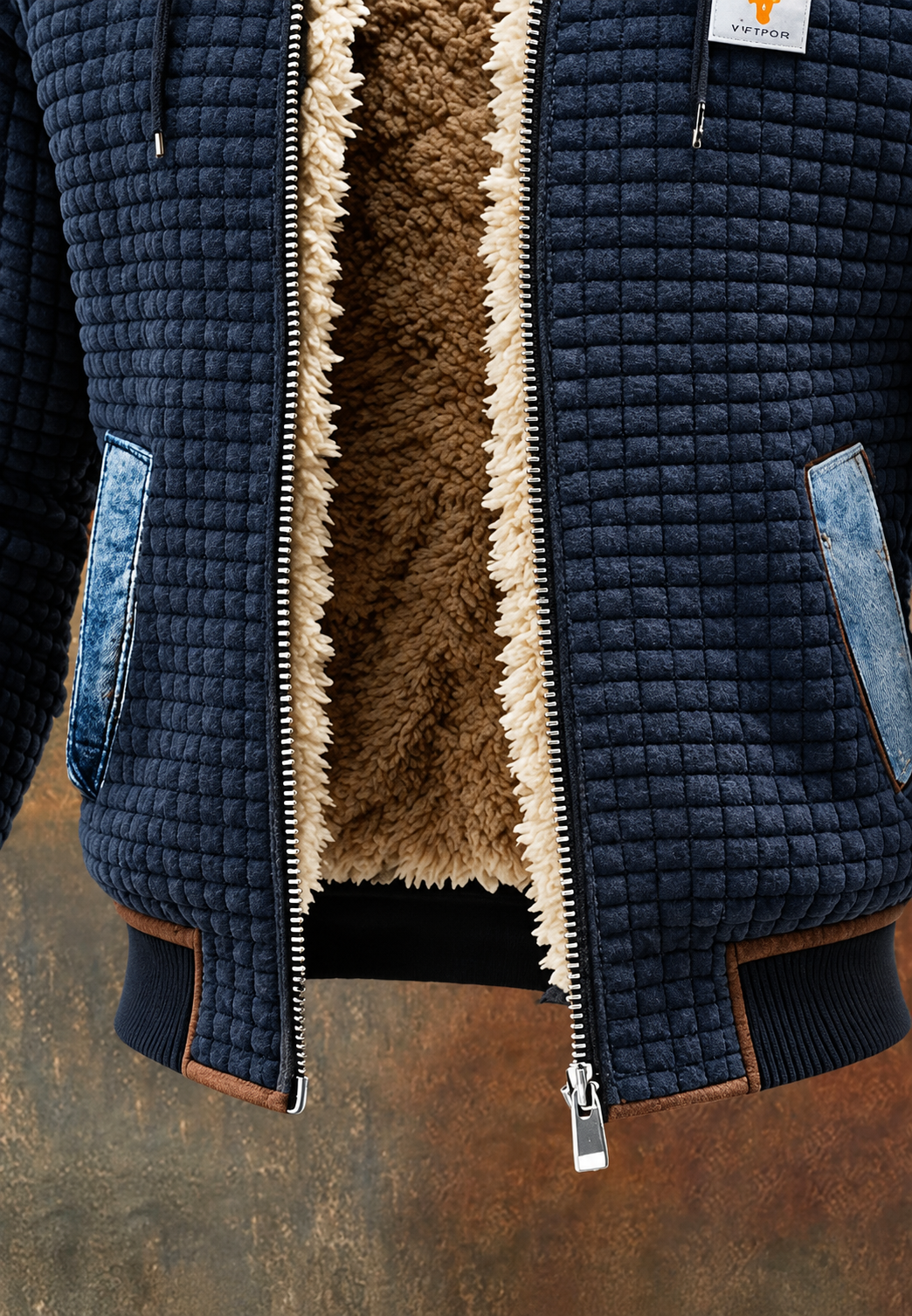 Gesteppte Herrenjacke mit Kapuze und Denim-Einsätzen – Lex