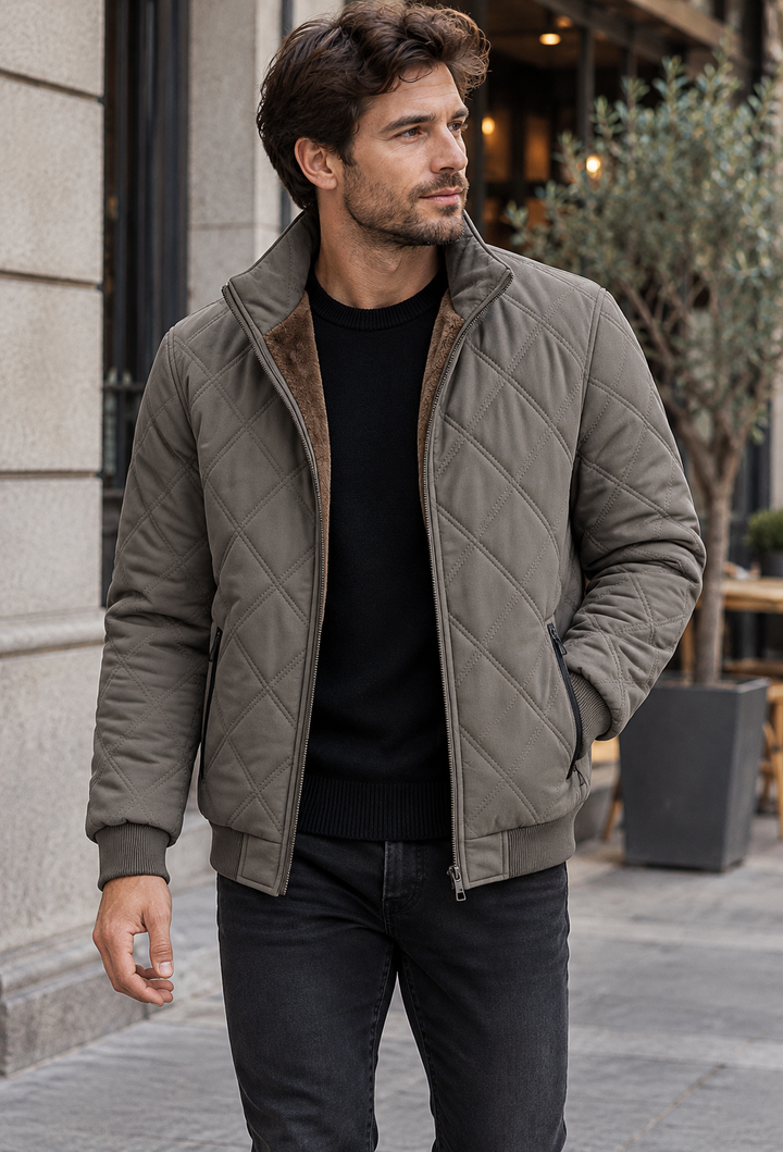 Herren-Steppjacke mit Rauten, Stehkragen und Futter in Felloptik - Valdren