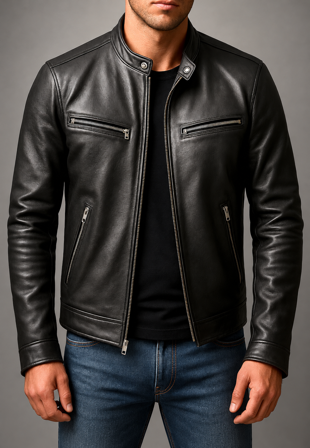 Herren-Bikerjacke in Lederoptik mit Stehkragen und vier Reißverschlusstaschen - Kaelor