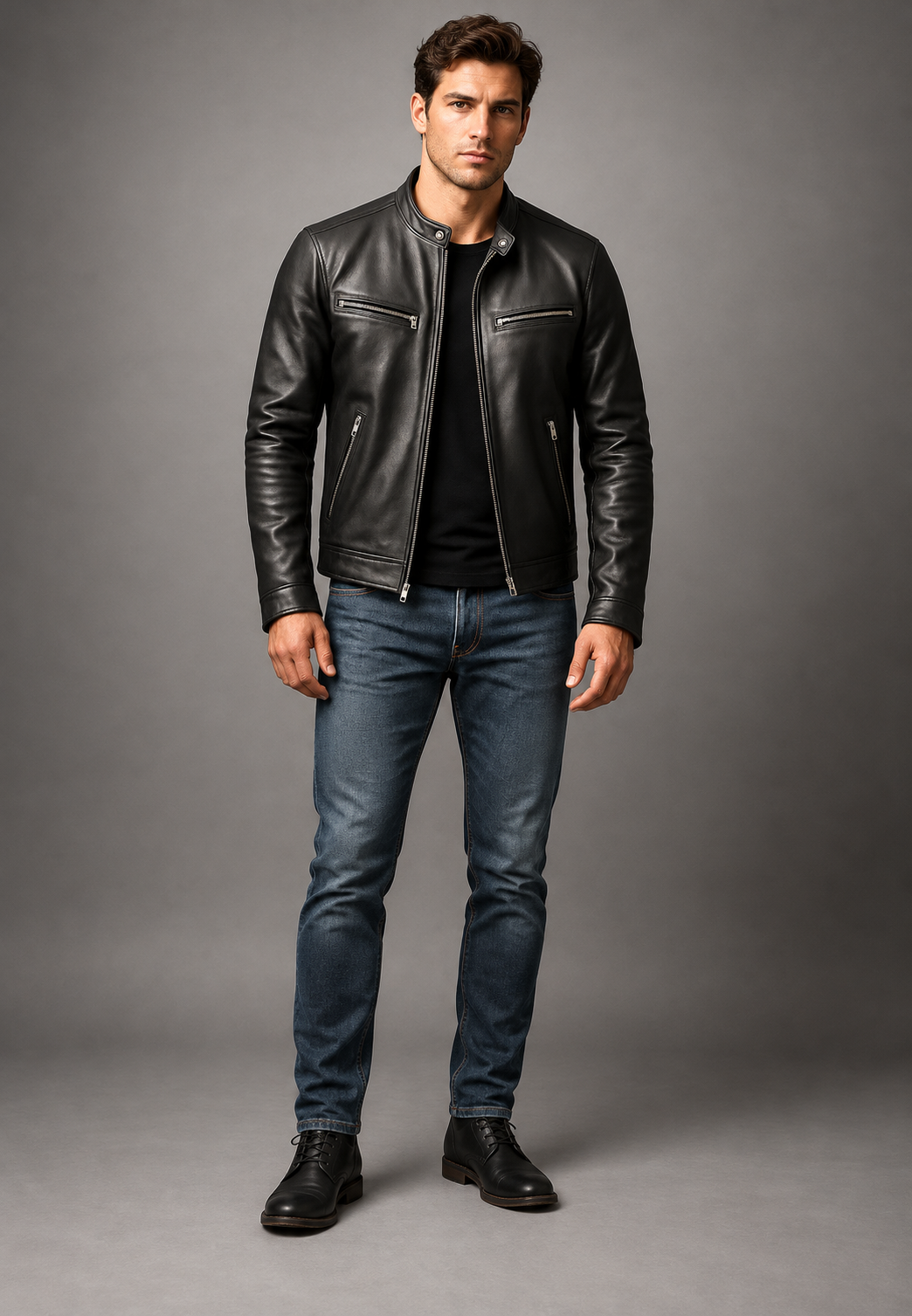 Herren-Bikerjacke in Lederoptik mit Stehkragen und vier Reißverschlusstaschen - Kaelor