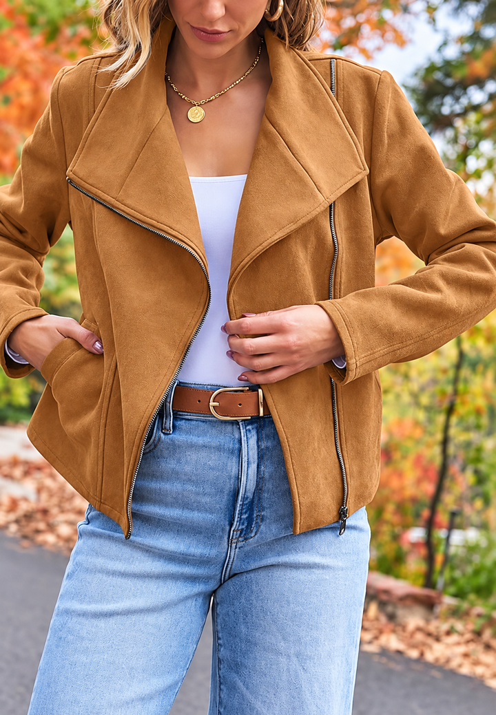 Damen-Bikerjacke in Wildlederoptik mit diagonalem Reißverschluss – Noémie