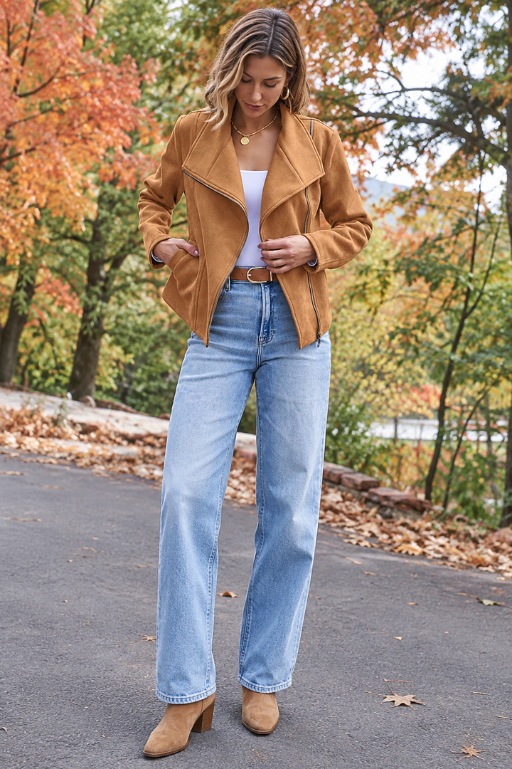 Damen-Bikerjacke in Wildlederoptik mit diagonalem Reißverschluss – Noémie
