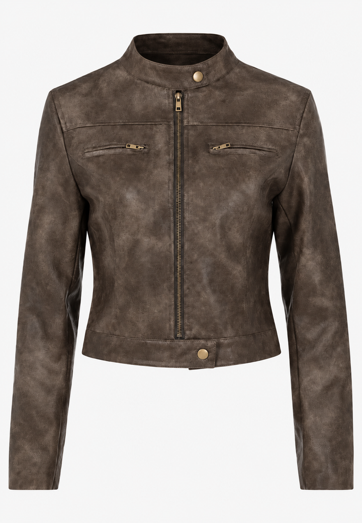 Kurze Bikerjacke für Damen in Lederoptik mit Used-Look – Oriela