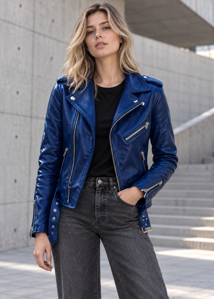 Damen-Bikerjacke in Lederoptik mit verstellbarem Gürtel – Faustine