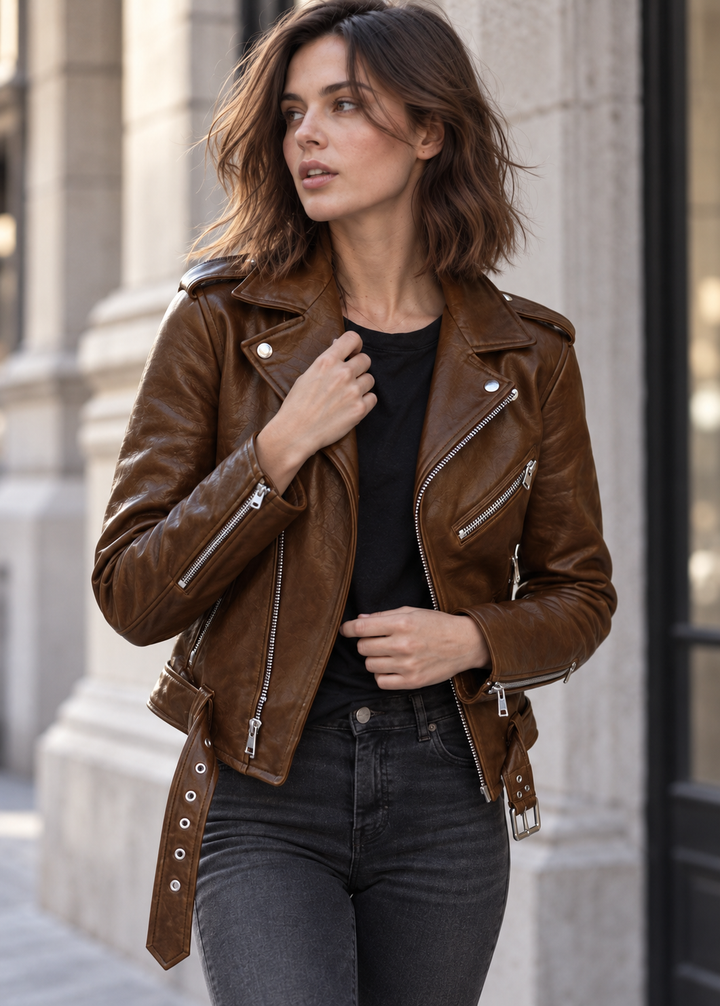 Damen-Bikerjacke in Lederoptik mit verstellbarem Gürtel – Faustine