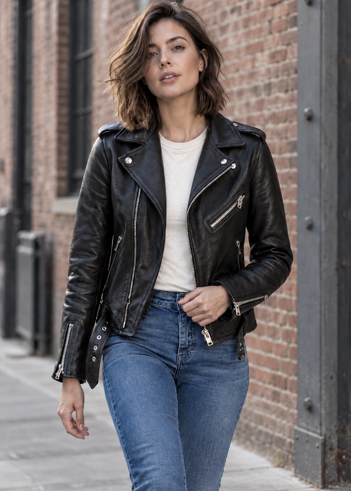 Damen-Bikerjacke in Lederoptik mit verstellbarem Gürtel – Faustine
