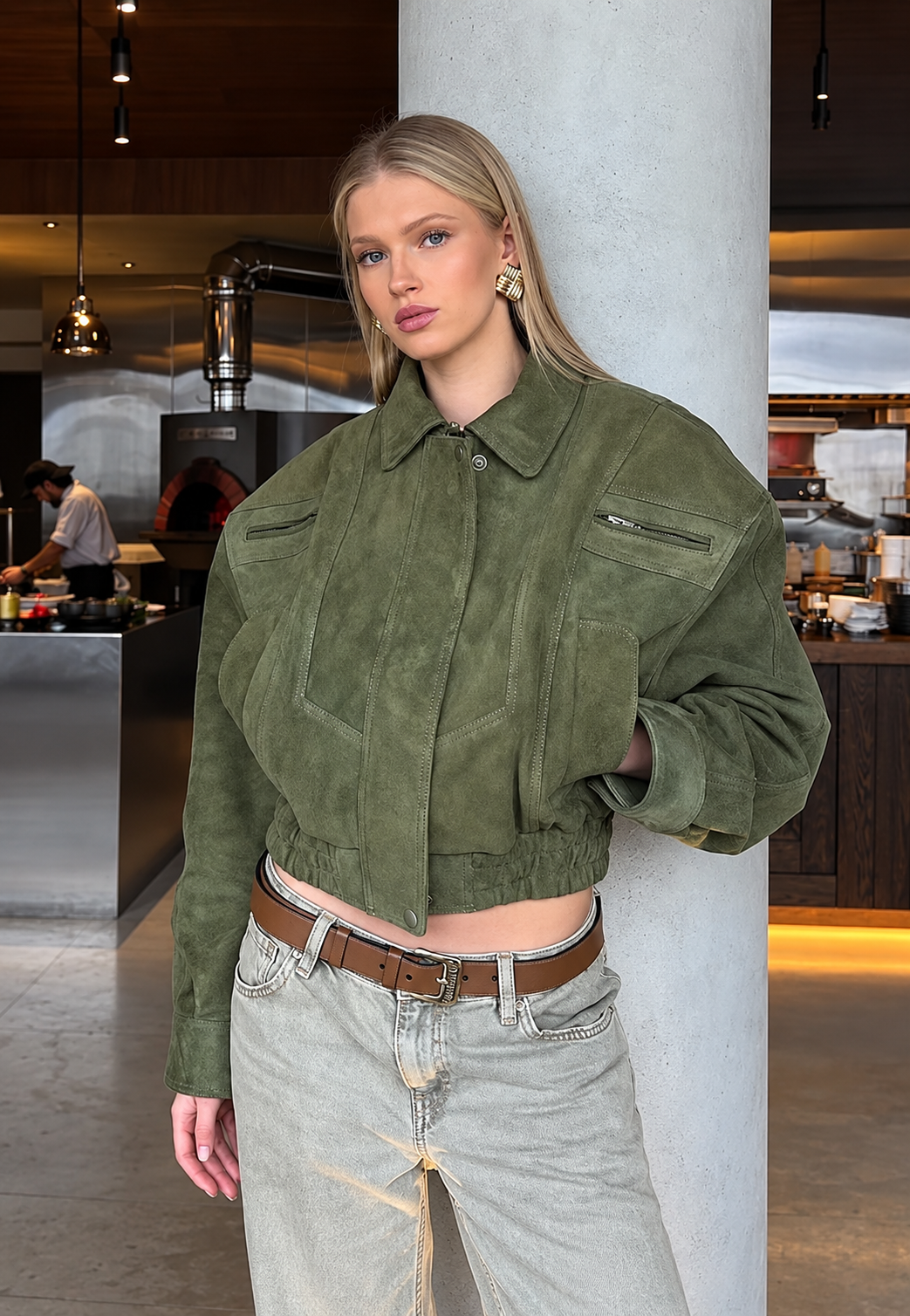 Damen-Bomberjacke in Wildlederoptik mit Hemdkragen - Runa