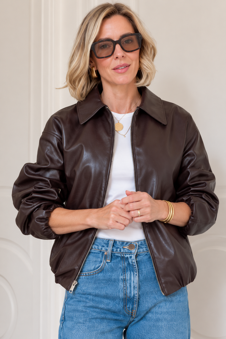 Damen-Bomberjacke in Lederoptik mit Hemdkragen – Maëva