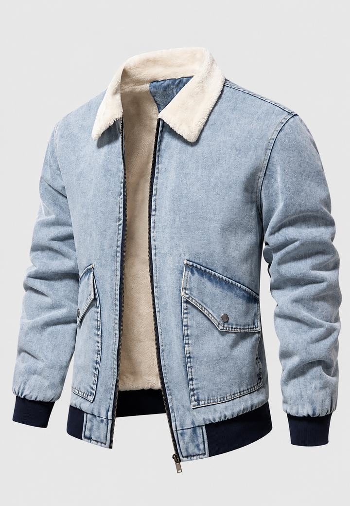 Bomberjacke aus Jeansstoff mit Lammfellfutter und Reißverschluss – Tobias