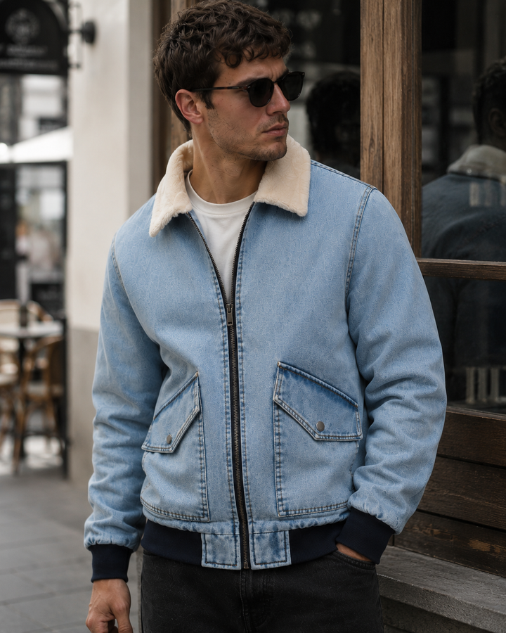 Bomberjacke aus Jeansstoff mit Lammfellfutter und Reißverschluss – Tobias