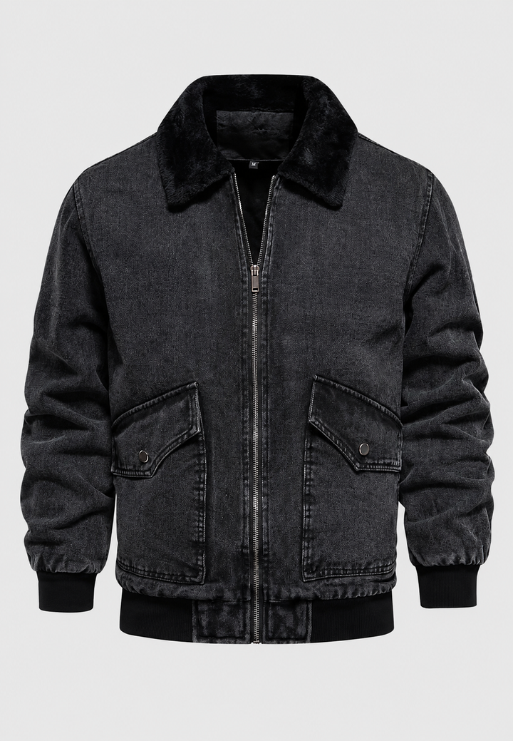 Bomberjacke aus Jeansstoff mit Lammfellfutter und Reißverschluss – Tobias