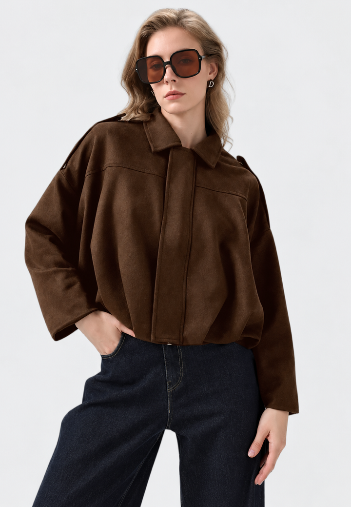 Kurze Damenjacke in Wildlederoptik mit Hemdkragen – Azucena