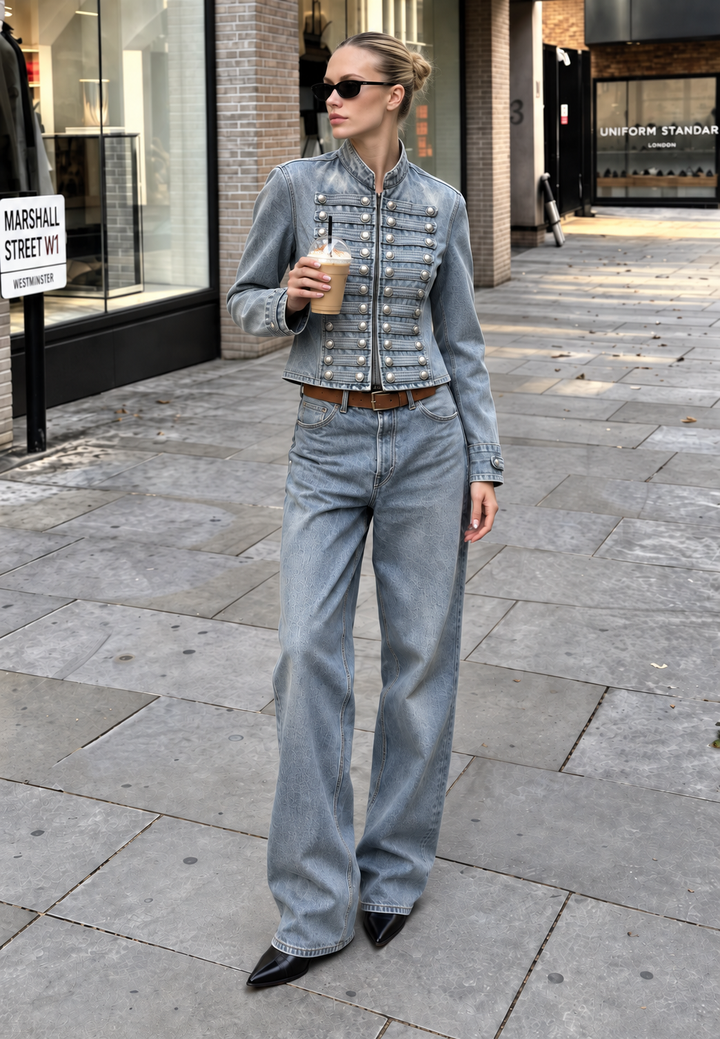 Damen-Jeansjacke mit Stehkragen und Metallknöpfen – Apolline