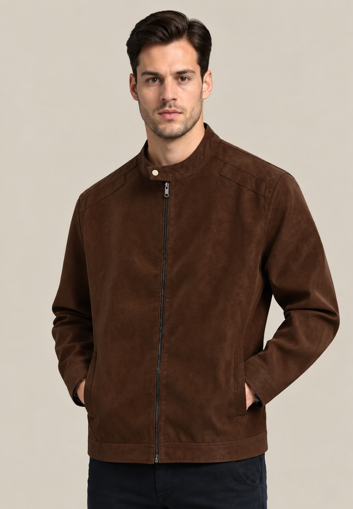 Herren-Jacke in Wildlederoptik mit hohem Kragen und Reißverschluss vorne – Mathis