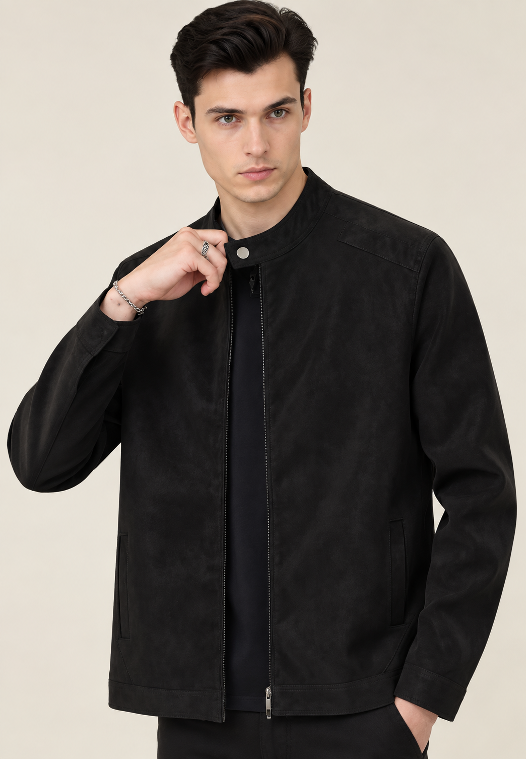 Herren-Jacke in Wildlederoptik mit hohem Kragen und Reißverschluss vorne – Mathis