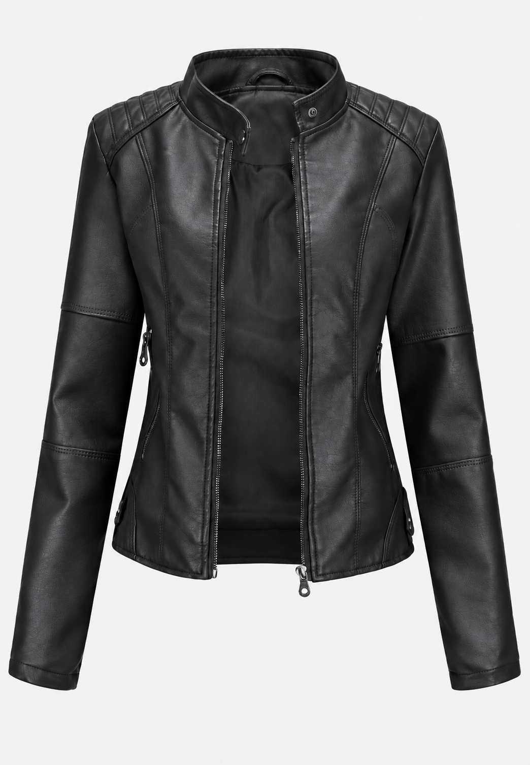 Damen-Jacke in Lederoptik mit Stehkragen, Taschen und Reißverschluss – Iseult