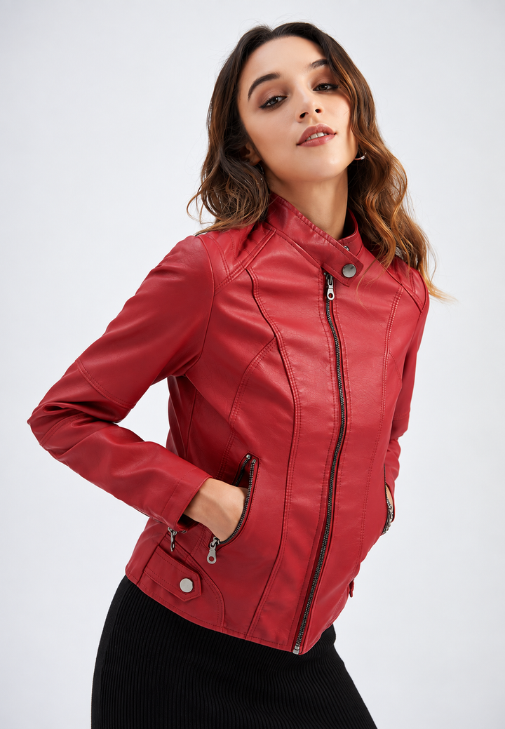Damen-Jacke in Lederoptik mit Stehkragen, Taschen und Reißverschluss – Iseult