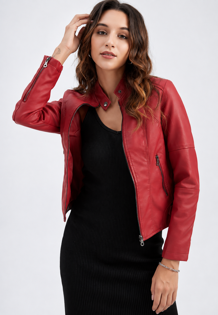 Damen-Jacke in Lederoptik mit Stehkragen, Taschen und Reißverschluss – Iseult